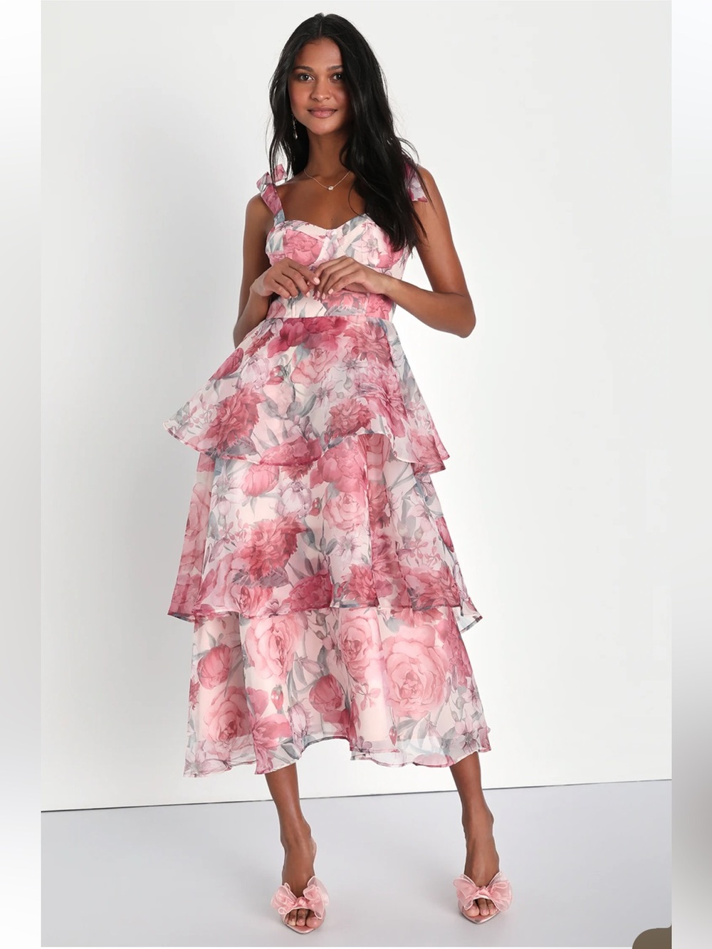 NWOT Lulus Playfully Posh Blush Floral Organza Tie-Strap Tiered Midi Dress FLAW
